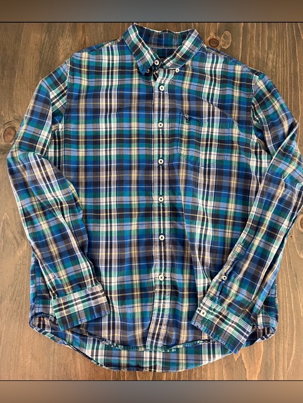 American Eagle Athletic Fit L Plaid Button Down Blue Green White Men's Large